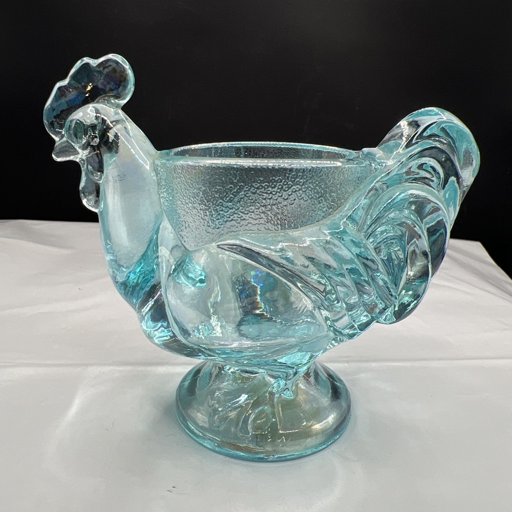 Imperial Glass Rooster Carnival Glass Iridescent Blue Egg Cup 1980s